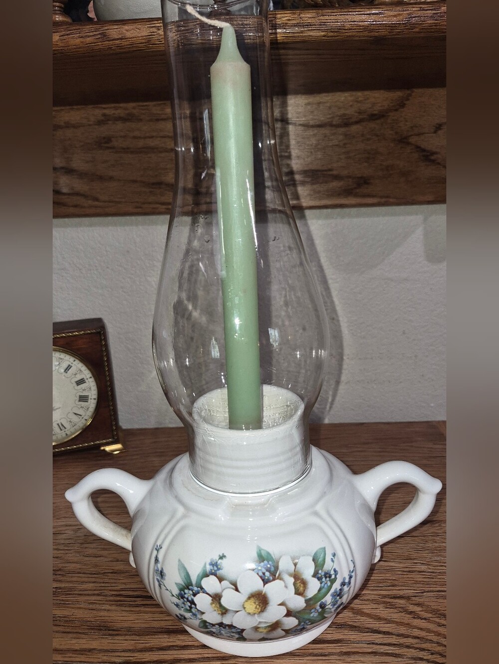 Vintage McCoy Pottery Floral Hurricane Candle lamp base with Glass Chimney/Globe